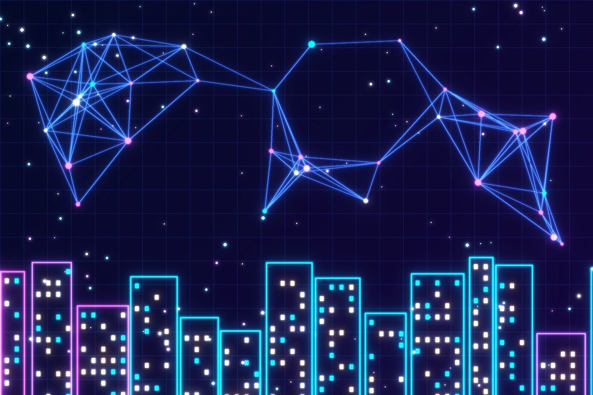 Neon city skyline beneath a glowing digital network