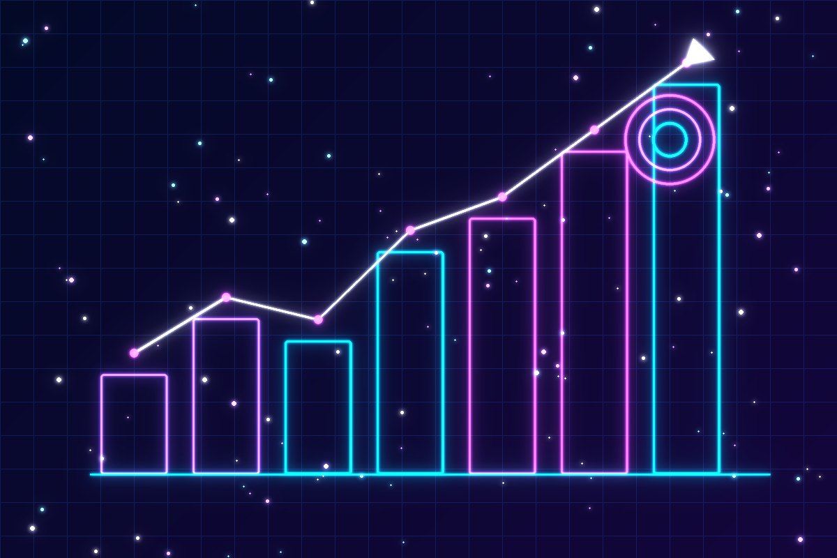 Neon bar chart trending upward representing marketing growth
