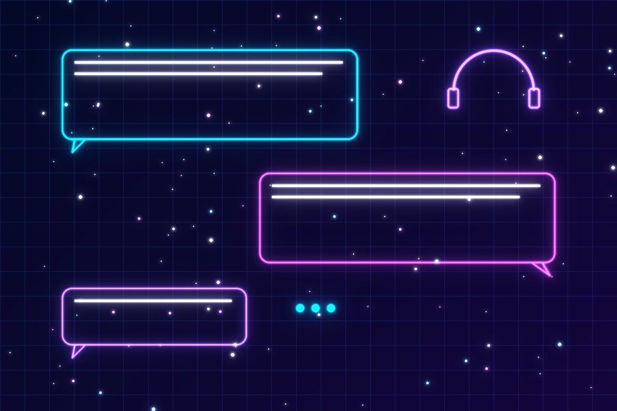 Neon chat bubbles and headset illustrating live chat support